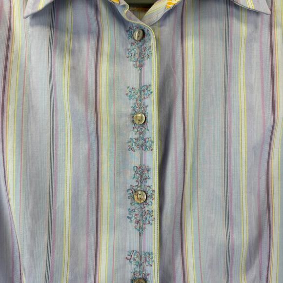 Robert Graham Flip Cuff Shirt Womens Small Blue Embroidered Floral Striped Top - Picture 5 of 11